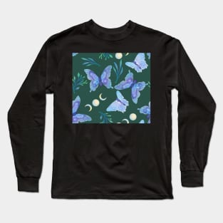 Blue Butterflies and Moon Phases on Green Long Sleeve T-Shirt